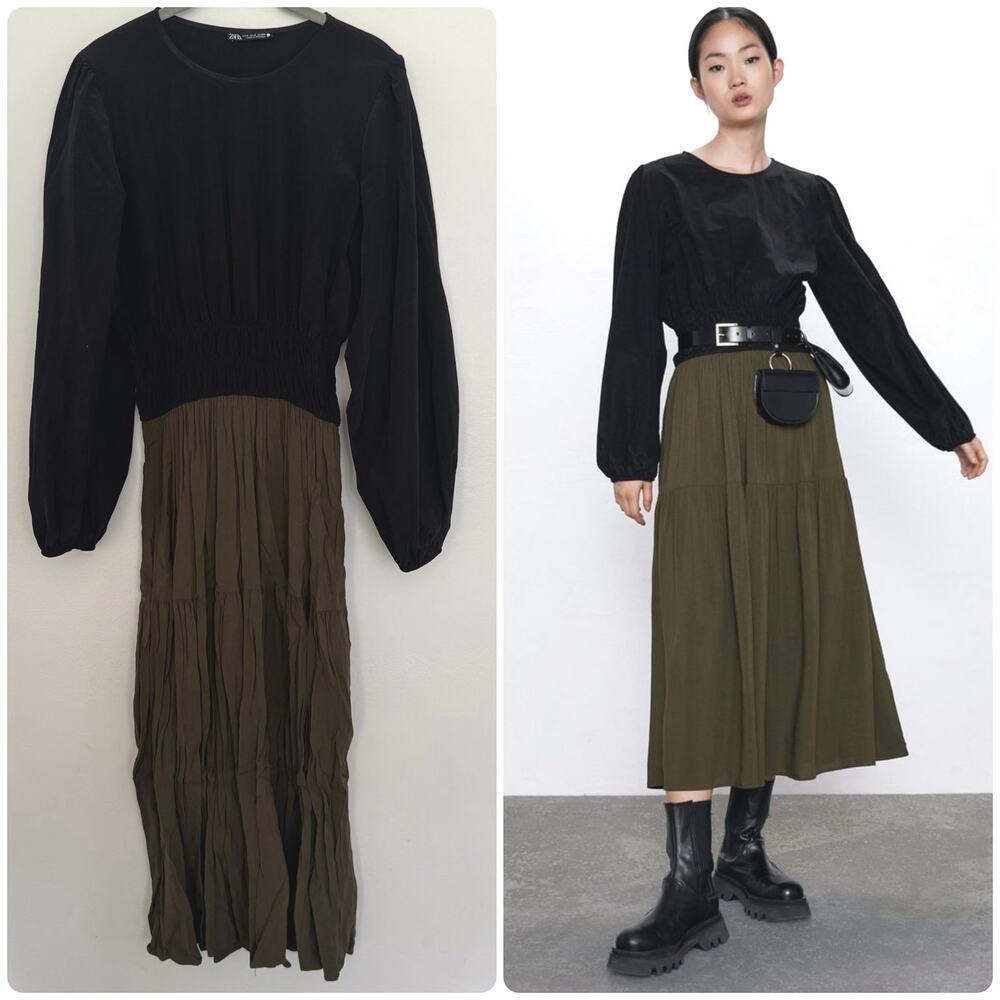 Zara Colorblock Midi Dress in Black and Olive Green